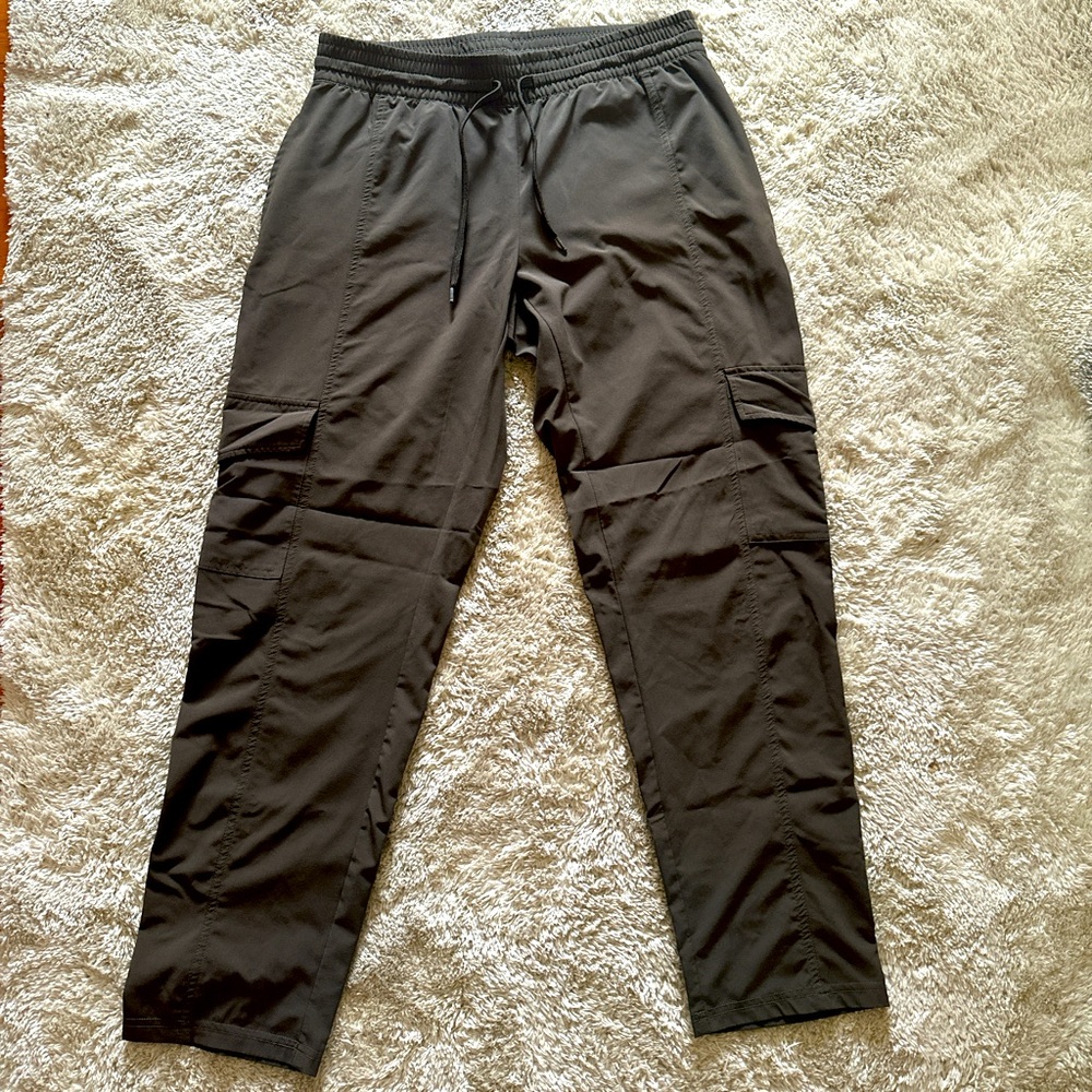Dark brown thin polyester sports cargo pants with drawstrings by mono b size L
